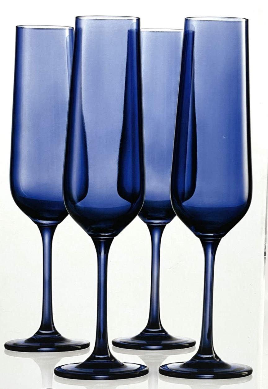 Godinger Blue European Crystal Champagne Flutes 9.5” Set of 4 Solid Blue 7oz gallery