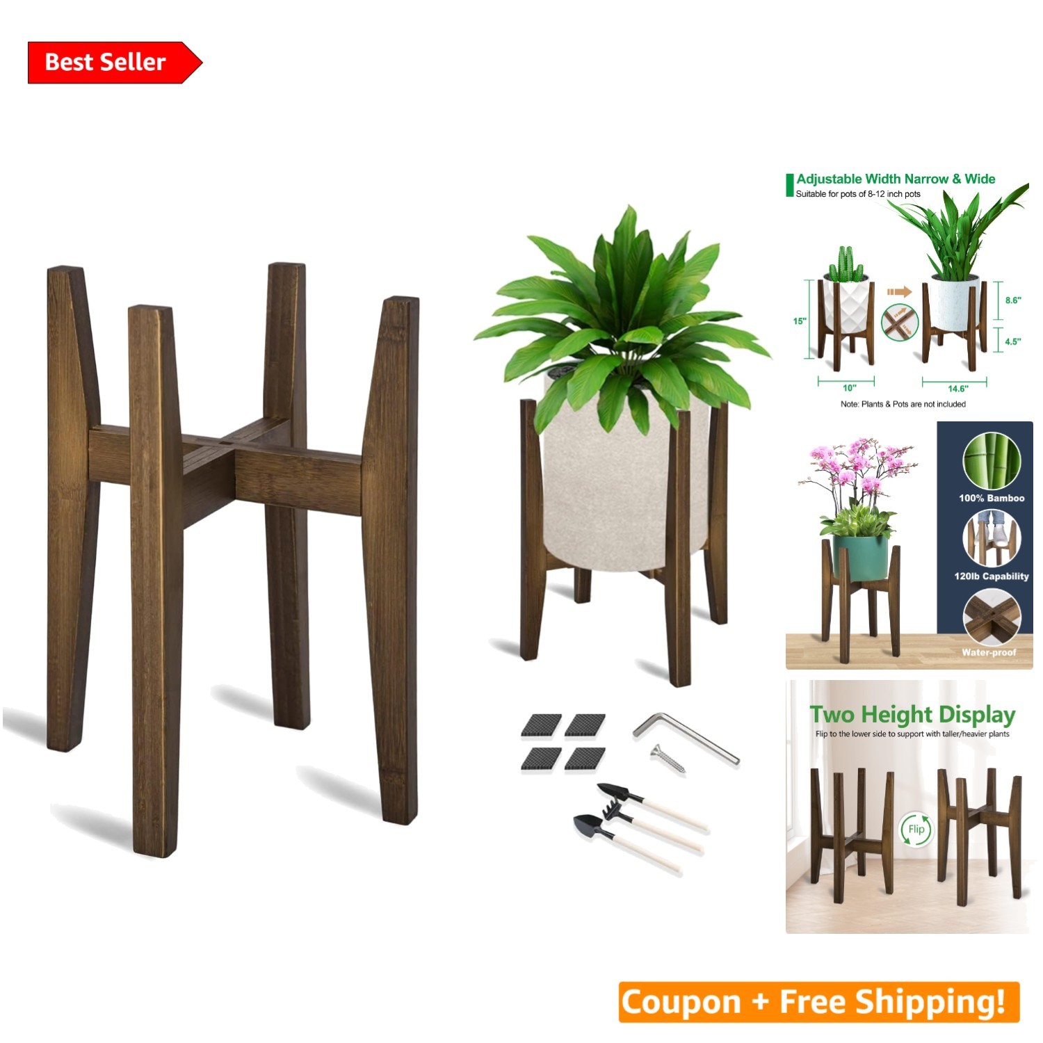Sturdy Adjustable Plant Stand in Walnut - Fits 8-12 Inch Pots - 120 LB Capacity gallery