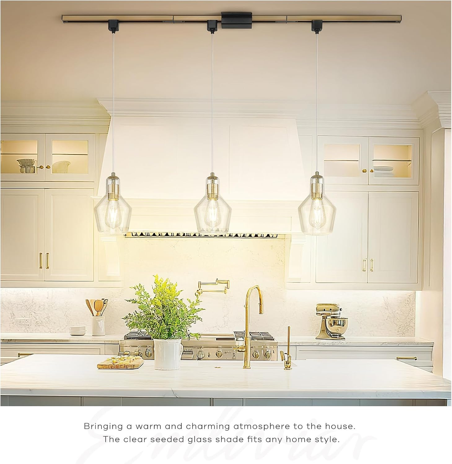 Brushed Gold 3-Light H-Type Track Ceiling Light with Seeded Glass Shade gallery