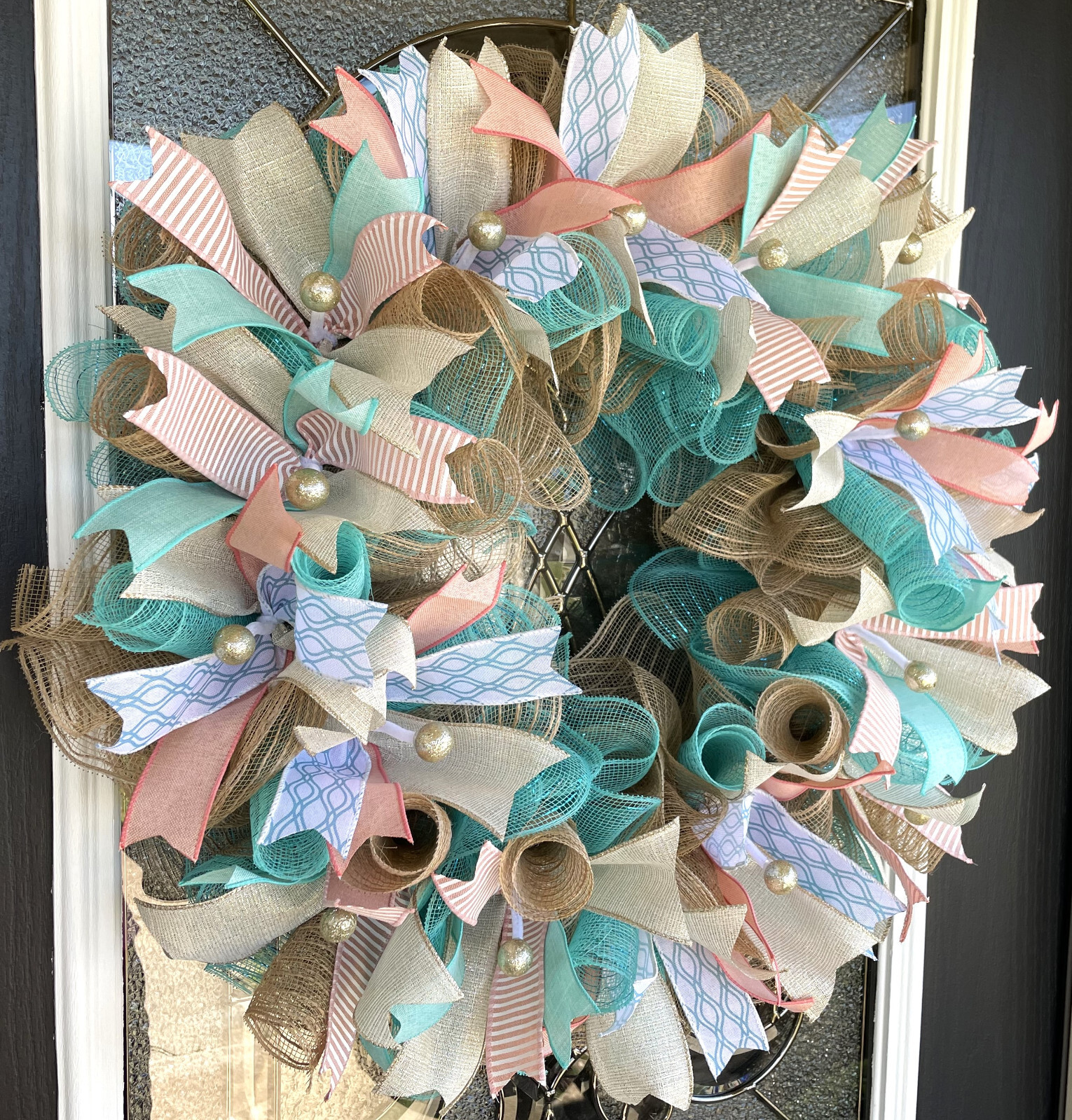 Aqua & Coral Beach Spring Summer Fall Deco Mesh Wreath, Farmhouse Cottage Decor gallery