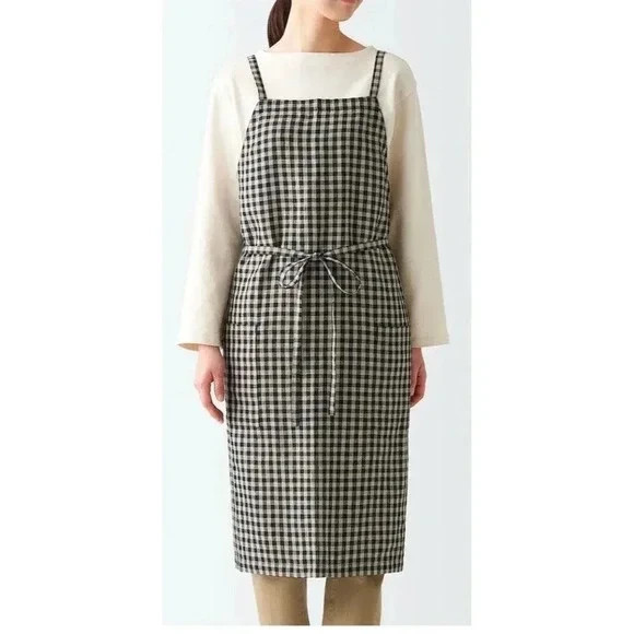 MUJI 100% Linen Gingham Check Cross-Back Apron Dress Pockets One Size gallery