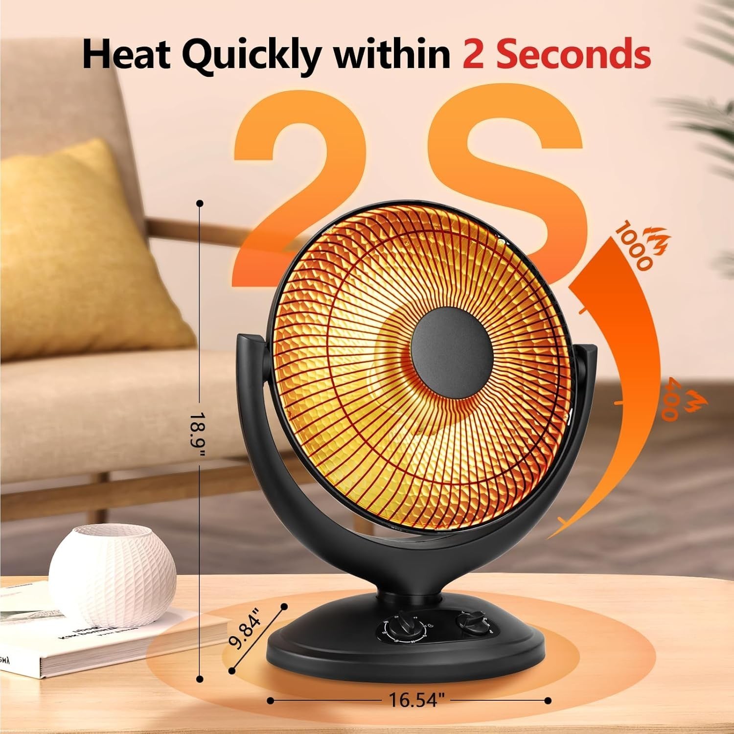 Radiant Electric Space Heater with Thermostat and Timer, 800W/400W Portable Dish gallery