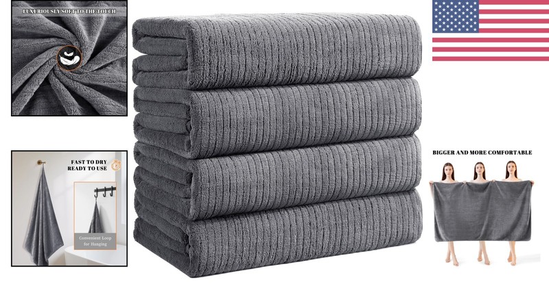 4 Piece Bath Towels Set Grey Ultra Soft Microfiber 35 x 70 Inches Quick Dry gallery