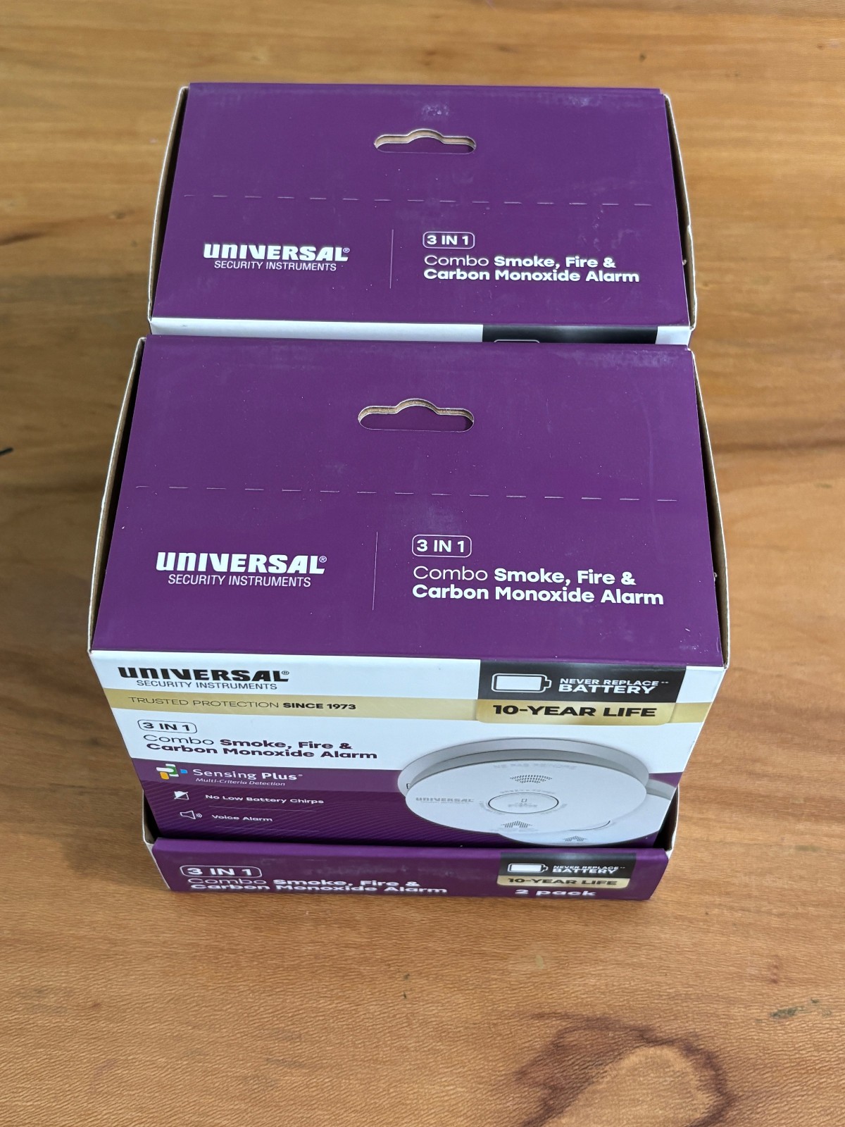 QTY 2 - Universal 3-in-1 Smoke Fire Carbon Monoxide Alarm 2 Pack 10-Year Battery gallery