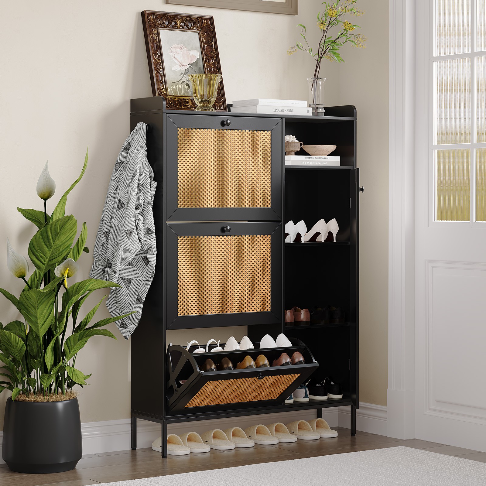 Mdf + Pb + Pe Rattan Three Drawers Shoe Cabinet With Doors Tall Shoe Rack gallery