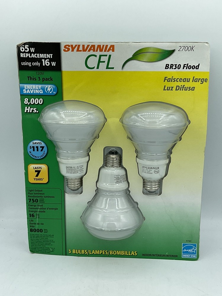 Sylvania (3) BR30 65W Replacement CFL Bulb Warm White 750 lumens - NEW