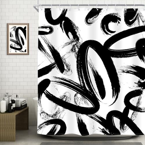 Shower Curtain Inch Modern Graffiti Minimalist 60Wx72H Black White Abstract gallery