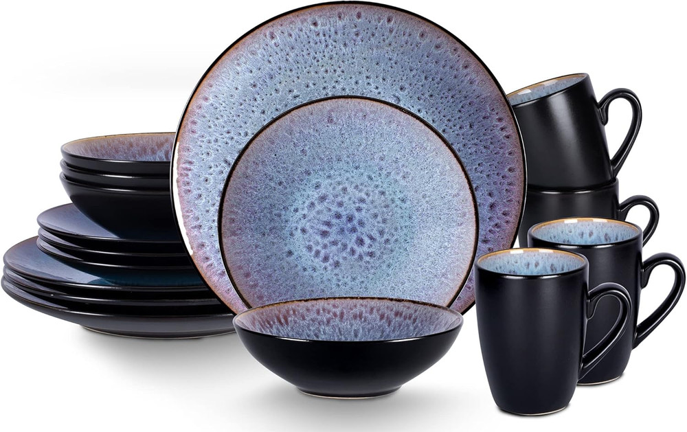 Elegant Grey Stoneware Dinner Set - 16 Piece Reactive Glaze Collection