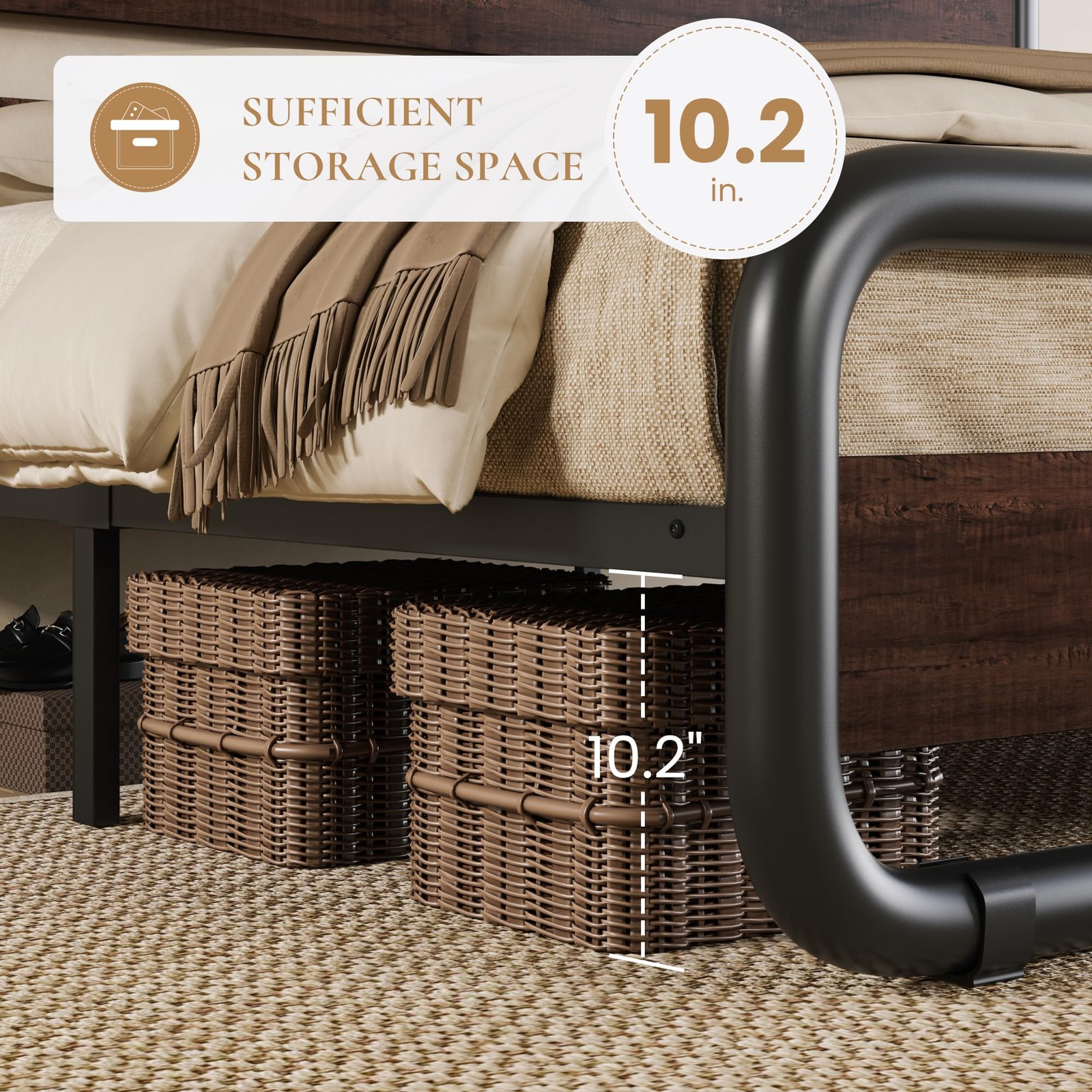 SHA CERLIN Queen Size Metal Bed Frame with Wooden Headboard gallery