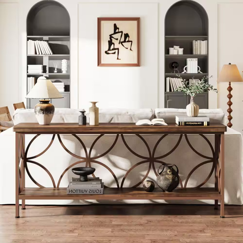 70.9 In. Walnut Cherry Brown Rectangle Engineered Wood Console Table with Storag gallery
