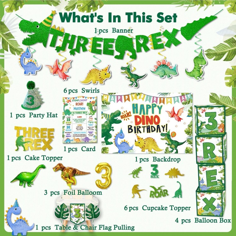 147pcs Three Rex Birthday Decorations,Dinosaur Party Decorations for 3 Years Old gallery
