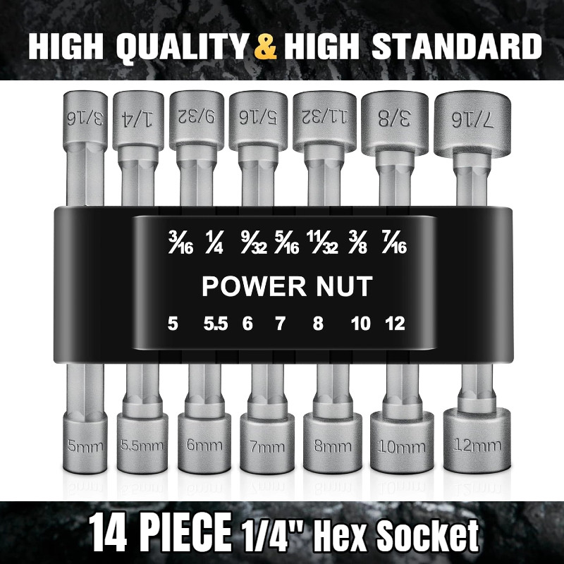 14PC POWER Nut Driver Drill Bit Set Socket Bit Adapter metric & SAE Socket for W gallery