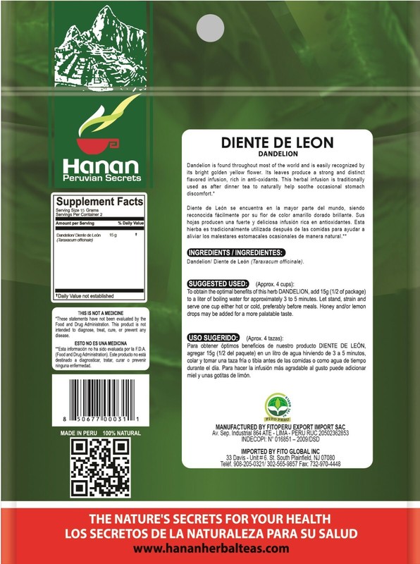Hanan Peruvian Secrets Diente De Leon Herbal Tea | 100% Natural Dandelion Leaves gallery