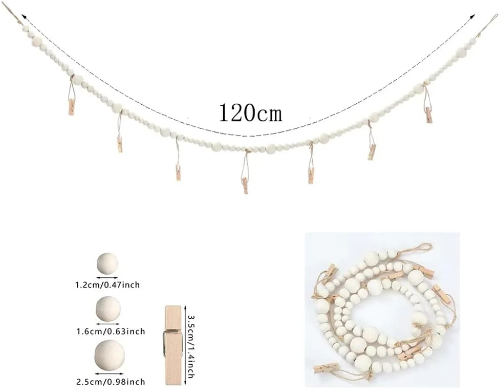 2PCS Hanging Photo Display Wall Decor,Boho Wooden Bead Garland Picture Hanging S gallery