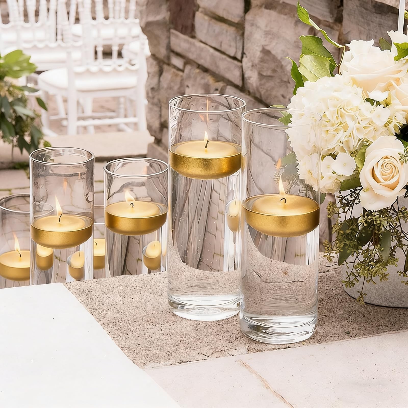 12 Pack Gold 2 Inch Floating Candles Paraffin Wax Elegant Clean Burning Flame gallery