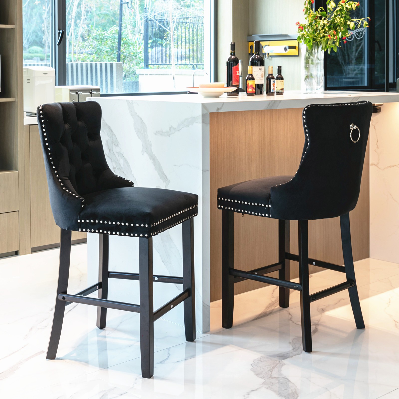 Contemporary Velvet Upholstered Barstools with Button Tufted Decoration and Wo gallery