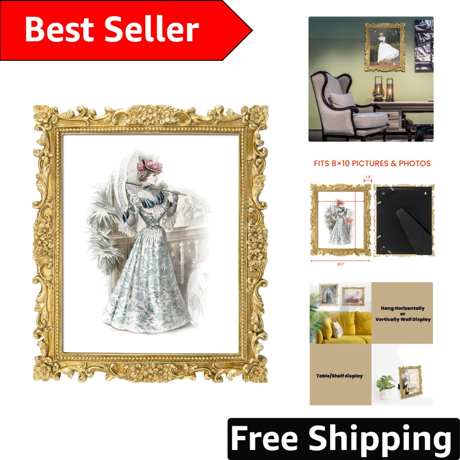 8x10 Shiny Gold Antique Picture Frame for Tabletop and Wall Decor gallery