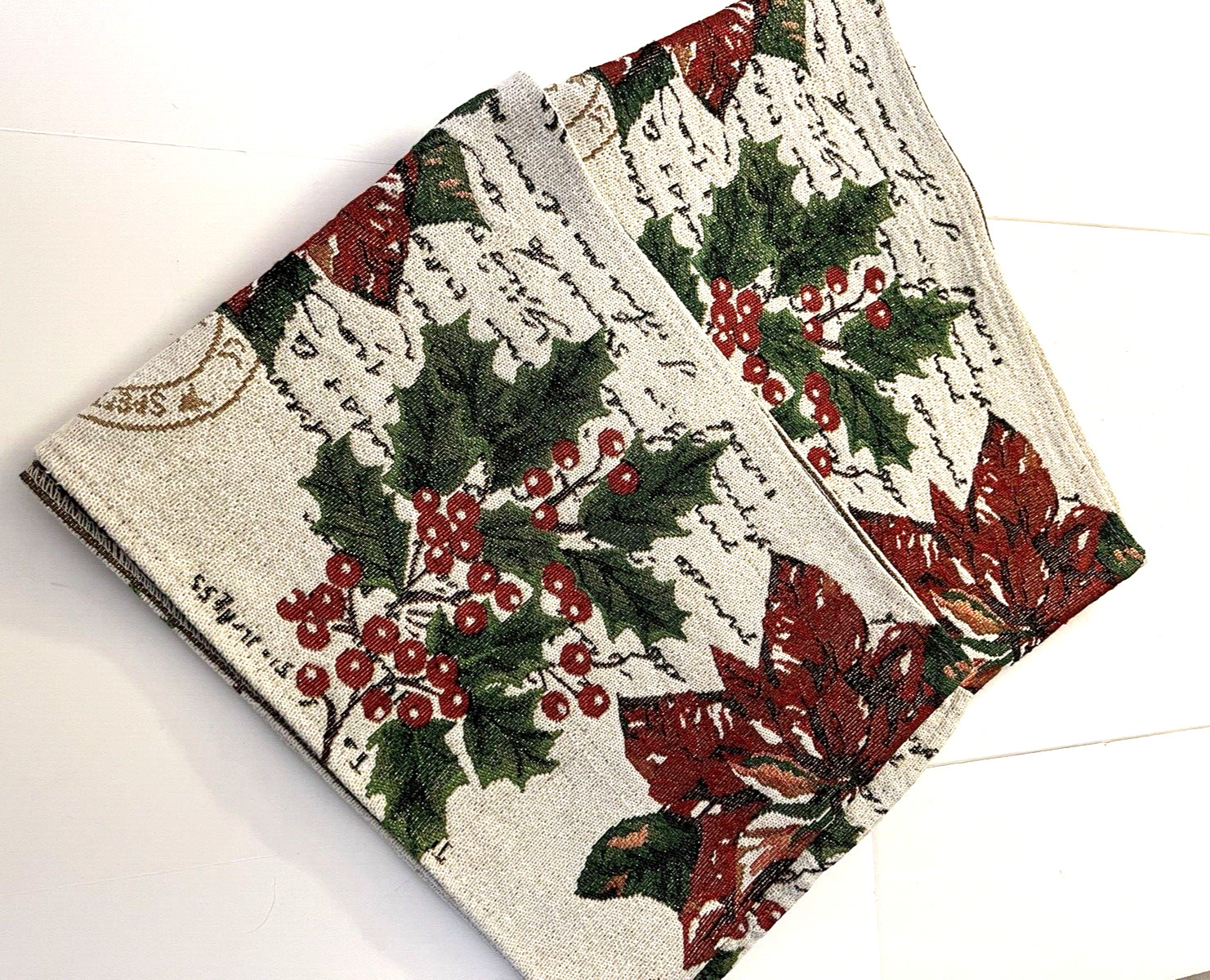 2 Christmas Table Runners Tapestry Fabric Poinsettias & Holly 12" x 70" each gallery