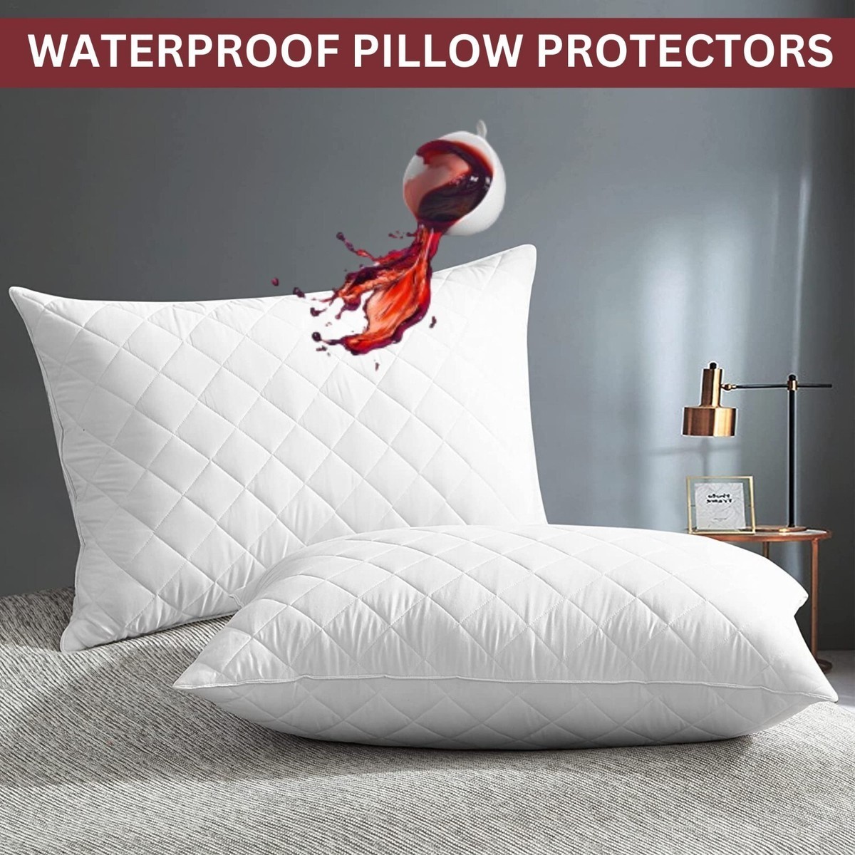 Quilted Waterproof Pillow Protector Pack of 2 Zipped Pillow Protector Cover Soft gallery