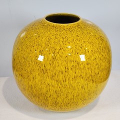Crate & Barrel Malena Vase Stoneware Golden Yellow Black Specked Round Portugal