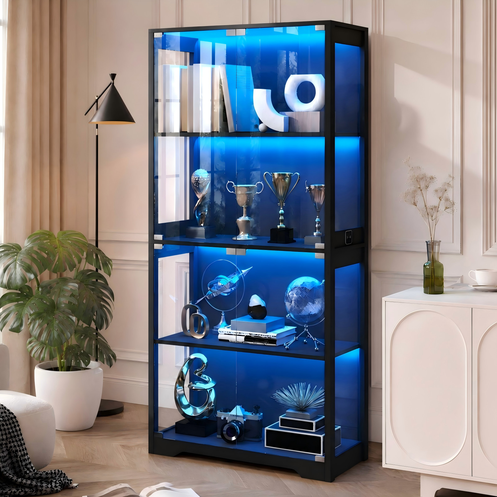 BROTTAR 4-Tier Display Case Curio Cabinet with Glass Doors & 3-Color LED Lights gallery