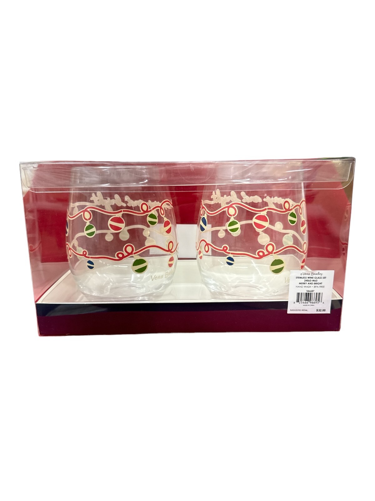 Vera Bradley Merry & Bright Stemless Wine Glasses 16 oz. Brand New In Box gallery