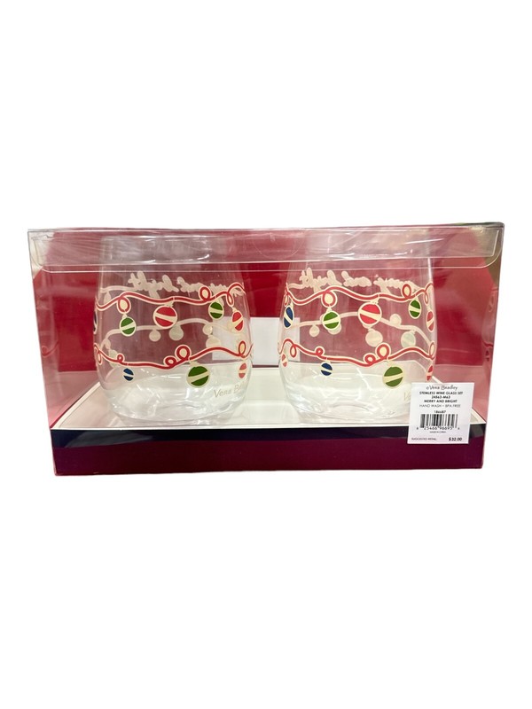 Vera Bradley Merry & Bright Stemless Wine Glasses 16 oz. Brand New In Box gallery