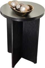Fluted Small Oak Side Table with Round Top and Black Accent X Base