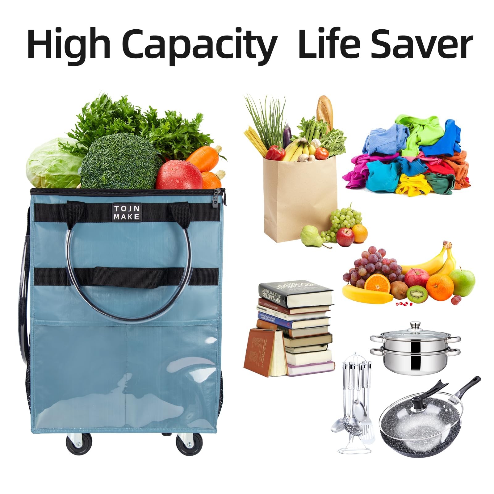 Reusable Grocery Bag On Wheels, Shopping Trolley, Rolling Tote with 8 Pockets... gallery