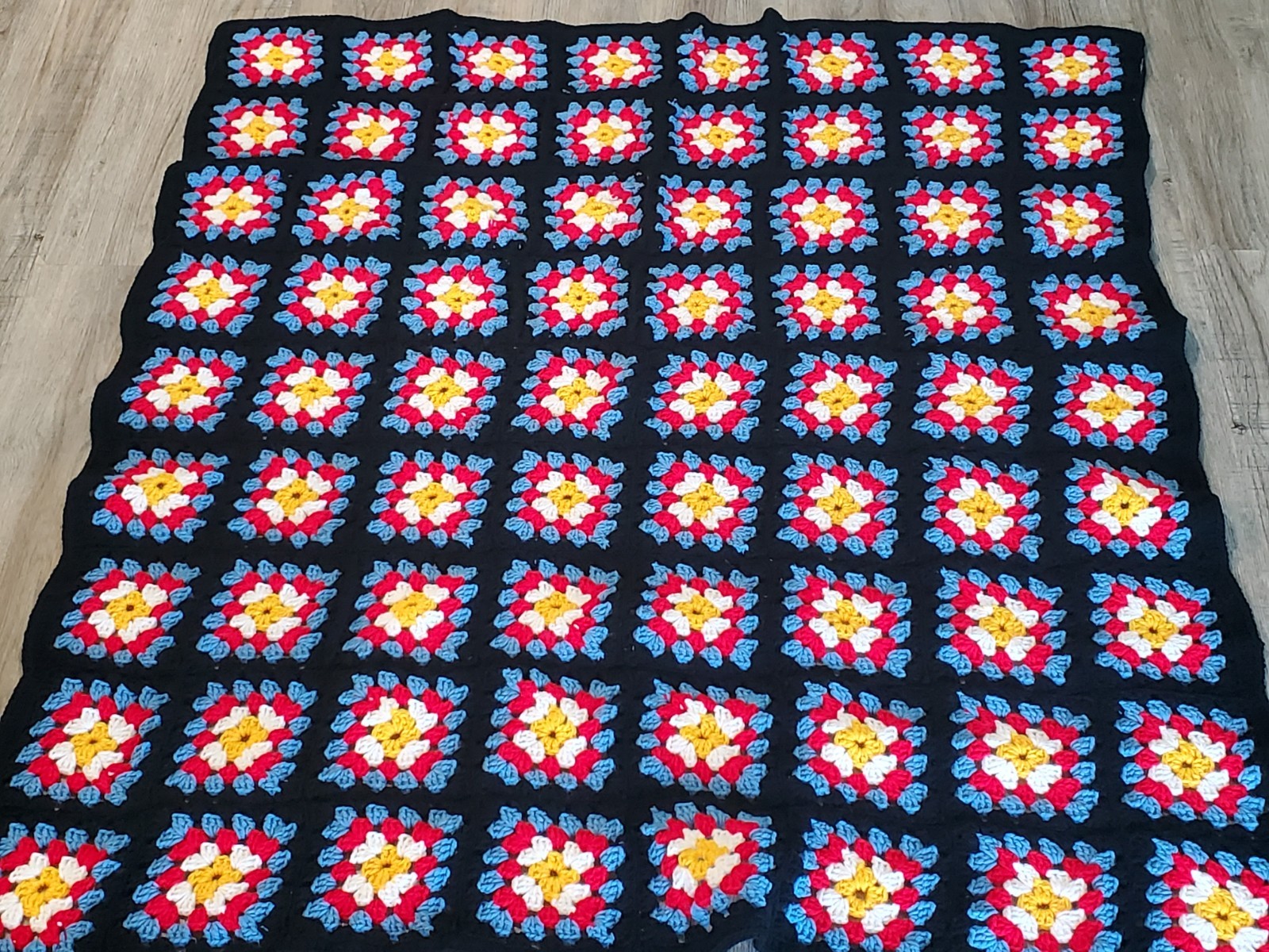 Handmade Granny Square Afghan Throw Blanket Black Trim 48"x56” Vintage gallery