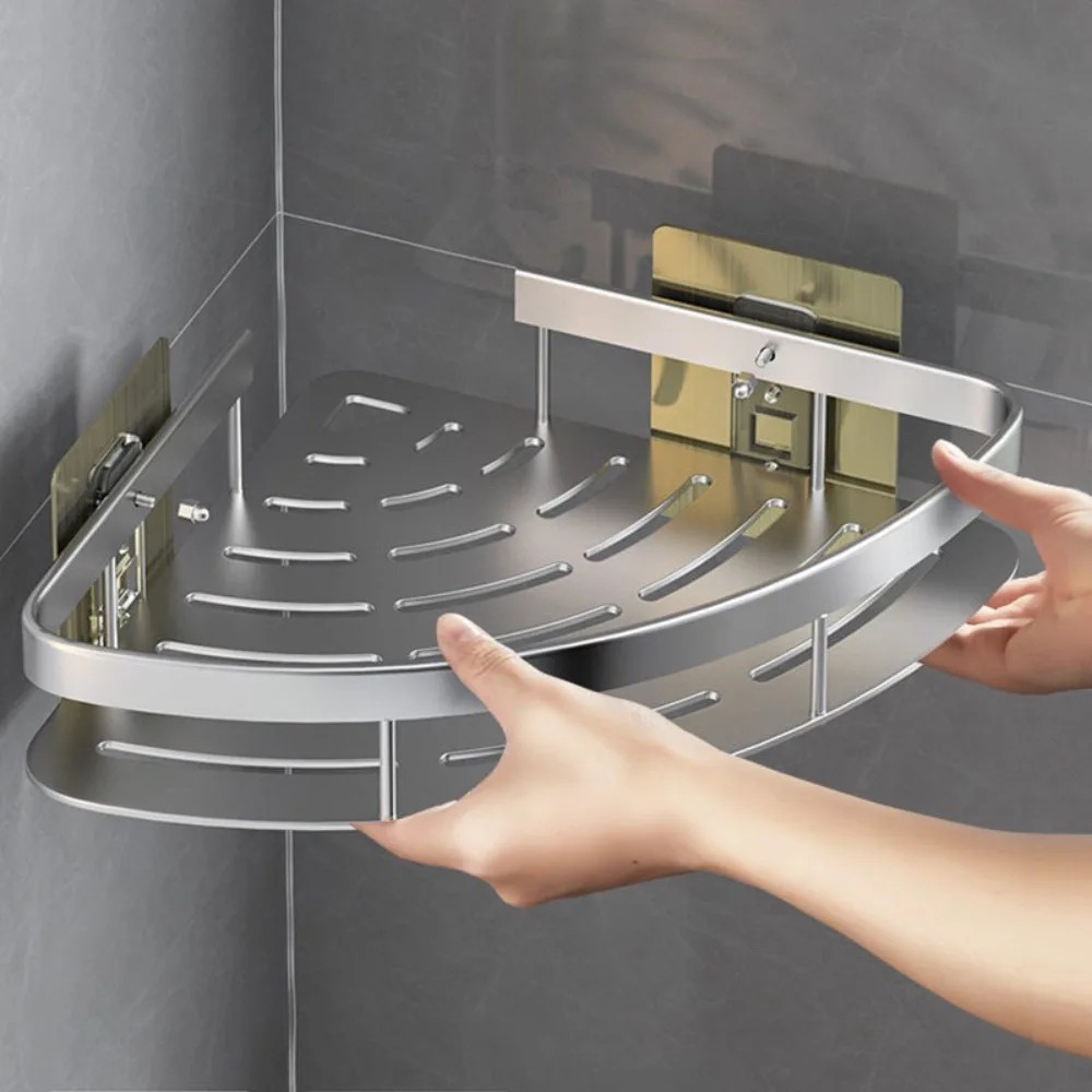 Corner Shower Shelf Aluminum Wall Mount No Drill Rack Bathroom Storage Holder gallery