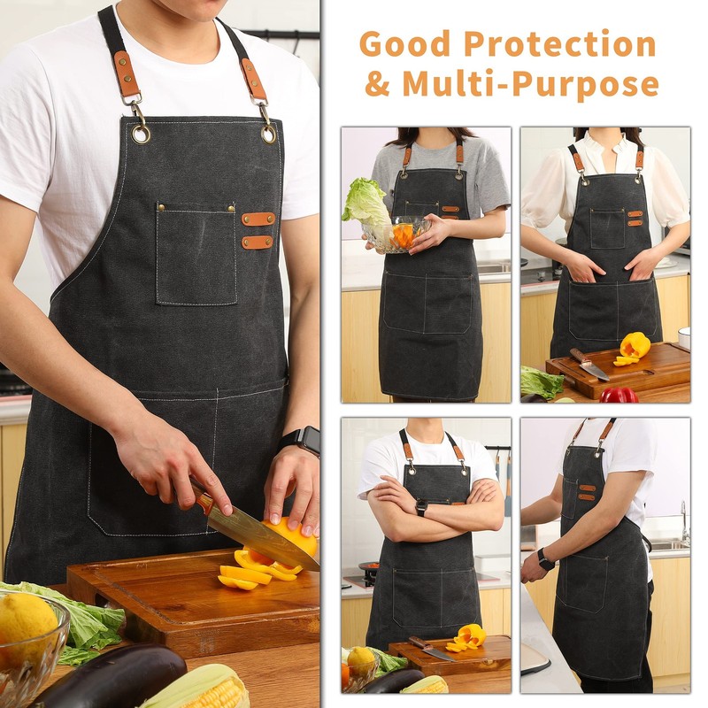 2 Pack Canvas Cross Back Chef Apron for Men Women with Pockets, Cotton Tool A... gallery