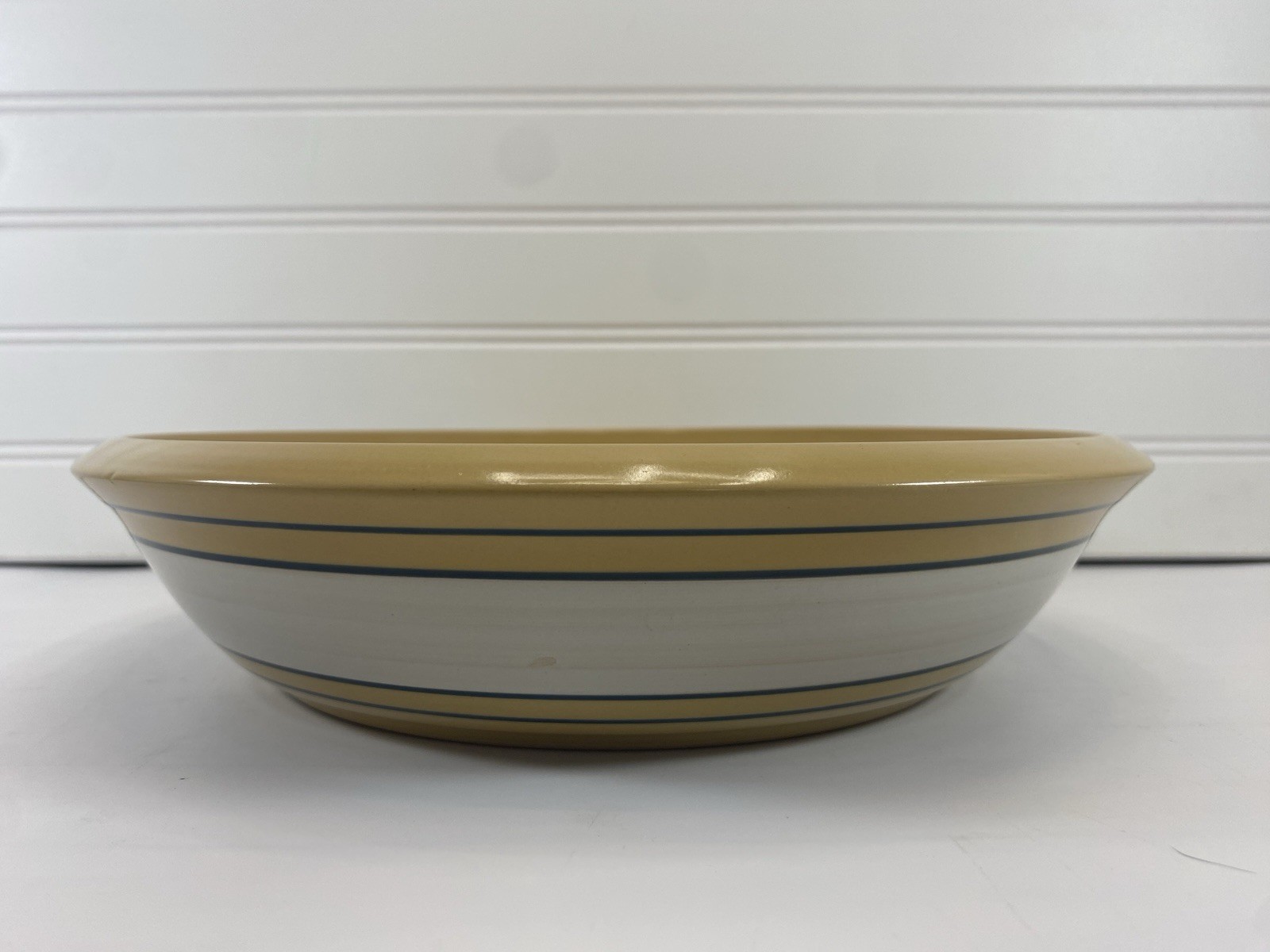 Over and Back Yellow Ware Serving Bowl Pie Dish Yellow Blue Striped 10 Inch gallery