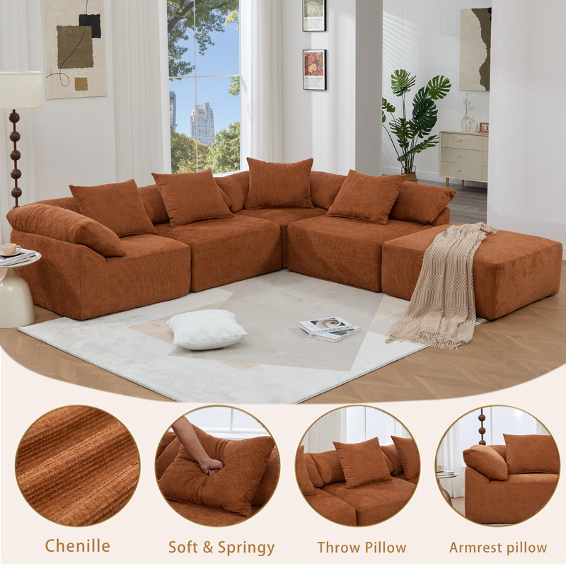 142" L Shaped Modular Sectional Sofa Convertible Sleeper Couch w/Ottoman Orange gallery