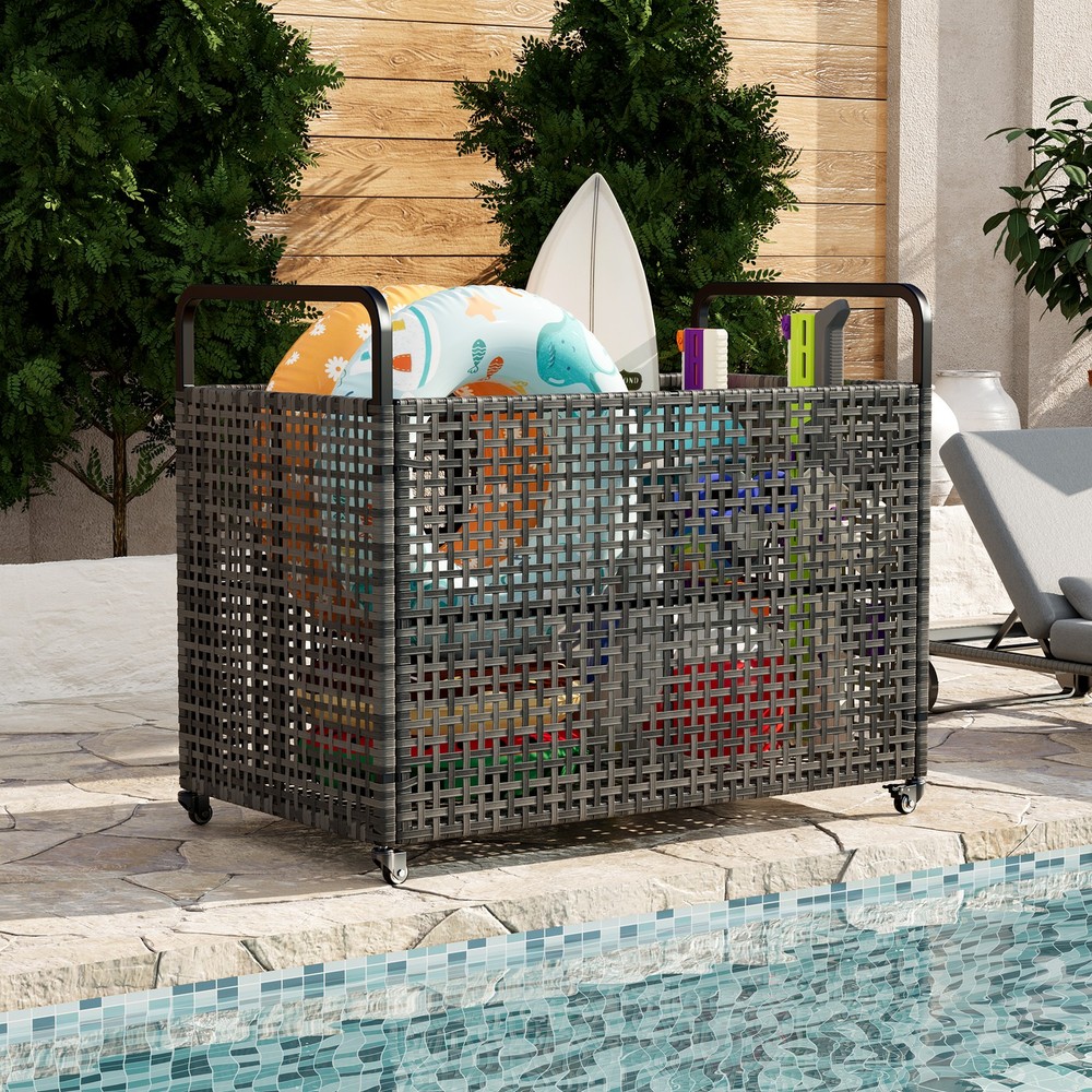 Pool Float Storage Bin Rattan Outdoor Pool Organizer Rolling Pool Storage Bin