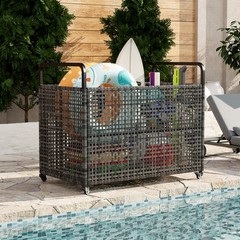 Pool Float Storage Bin Rattan Outdoor Pool Organizer Rolling Pool Storage Bin