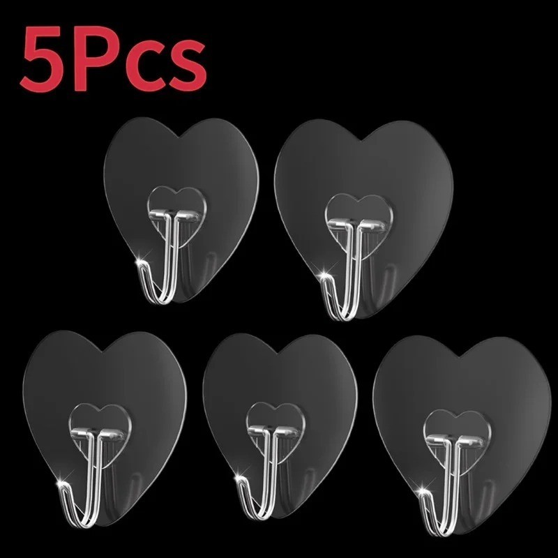 5Pcs Heart Shape Self Adhesive Hooks Transparent Wall Hangers Storage Rack