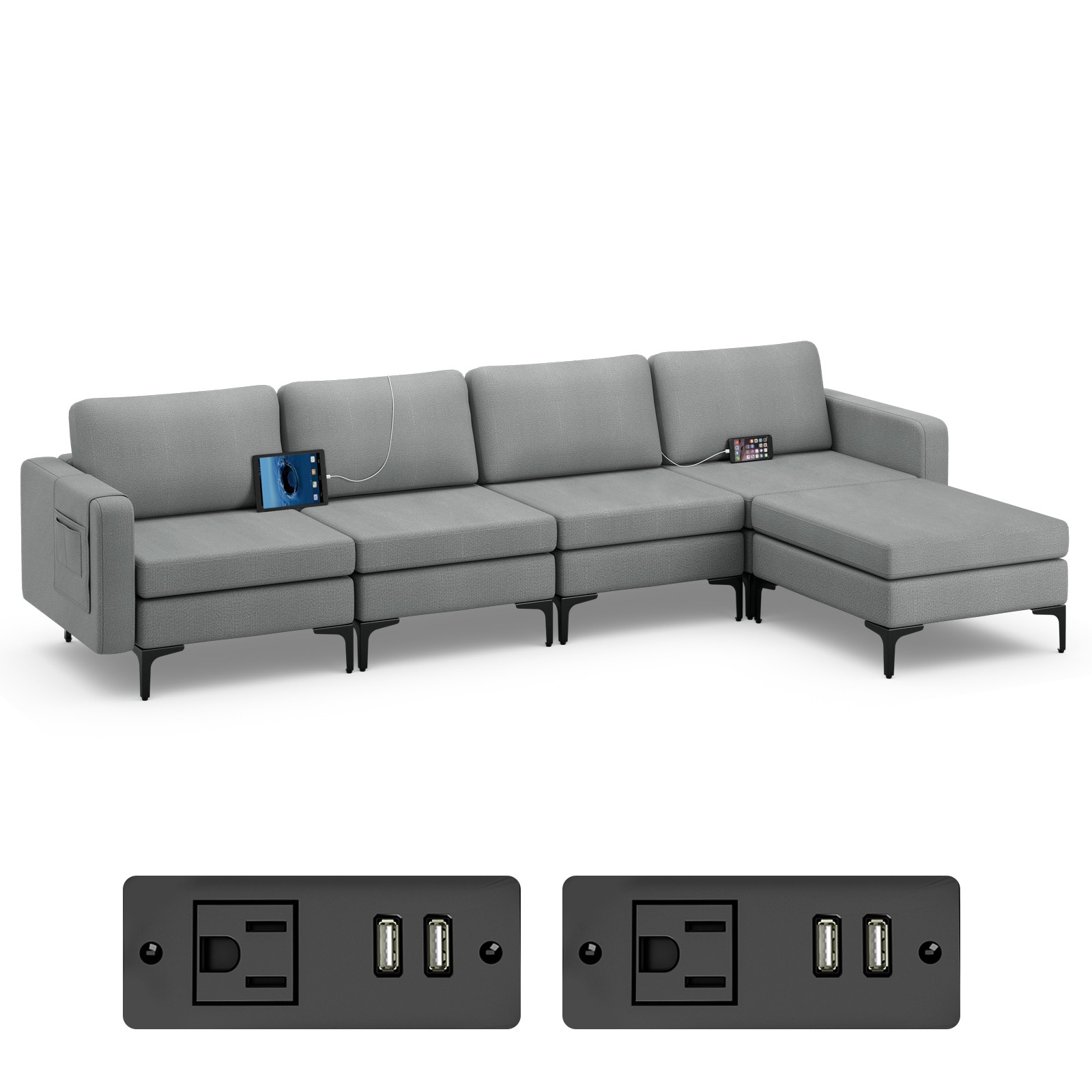 Modular L-shaped Sectional Sofa w/ 4 Seats & Removable Ottoman & 4 USB Ports gallery