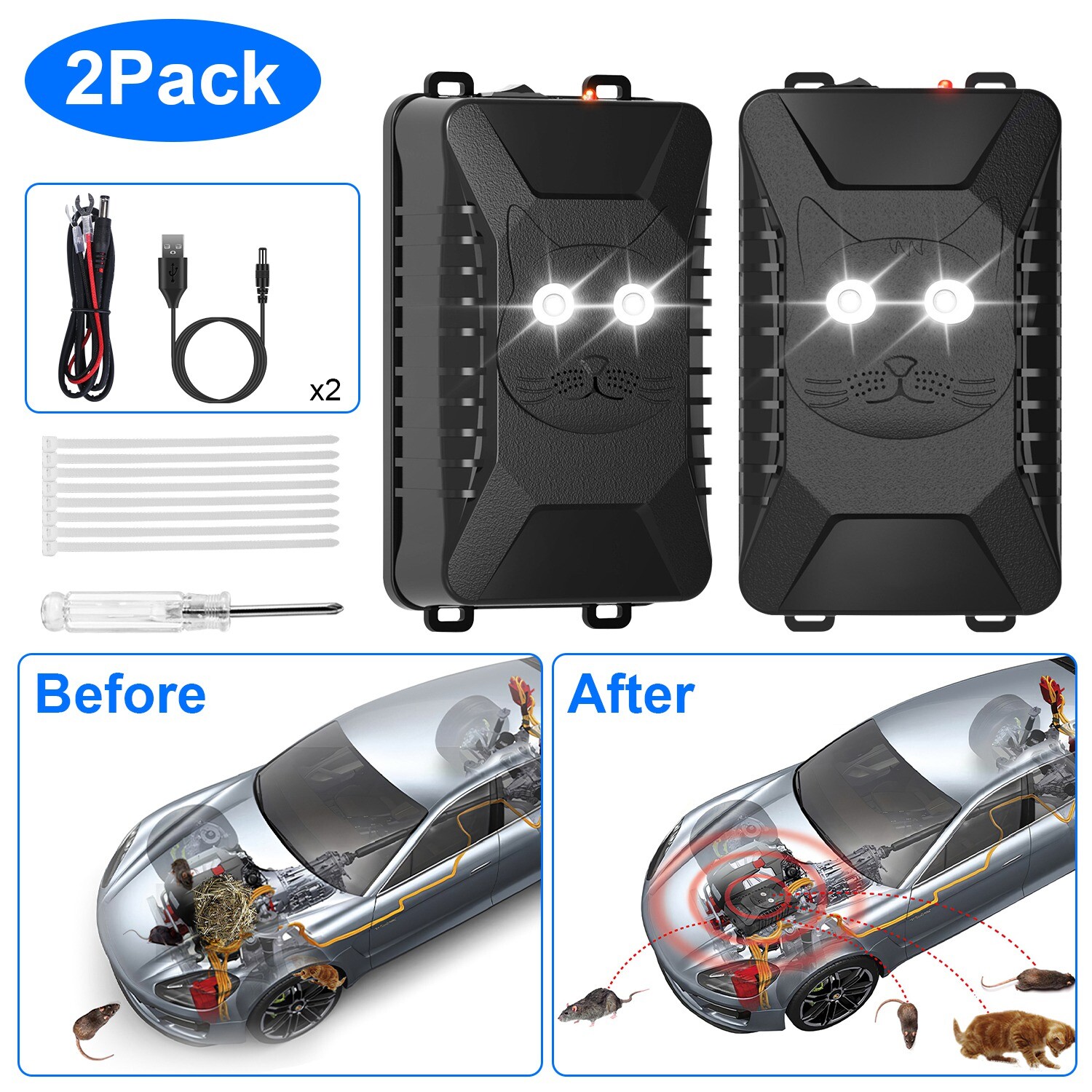 2Pack Ultrasonic Mouse Repeller Car Vehicle Rat Animal Deter Engine Protection gallery