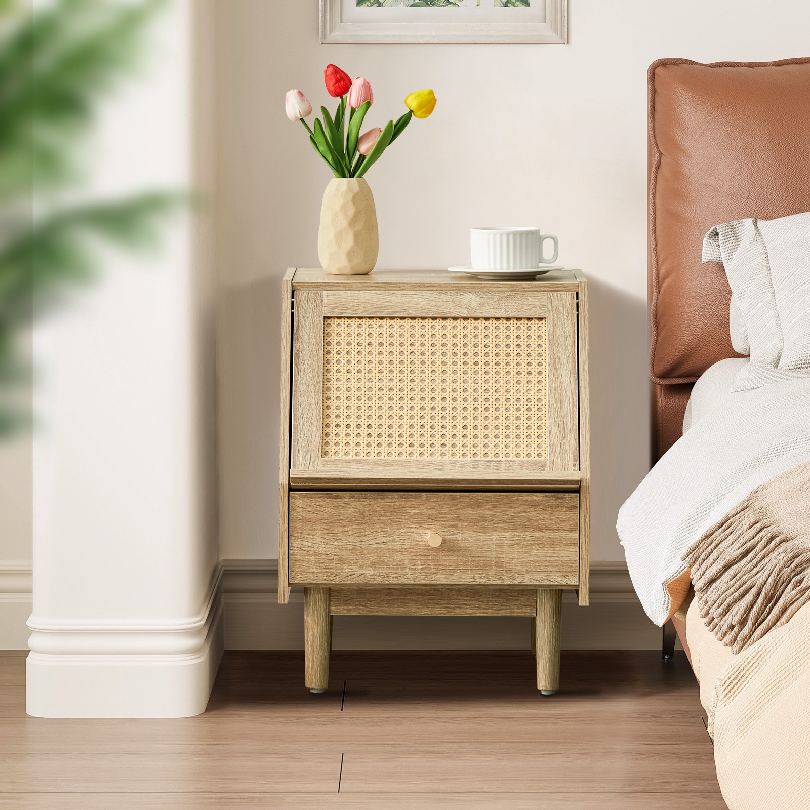 Brown Bedside Table Nightstand with Pull&Push Drawer P2 Grade Engineering Wood gallery