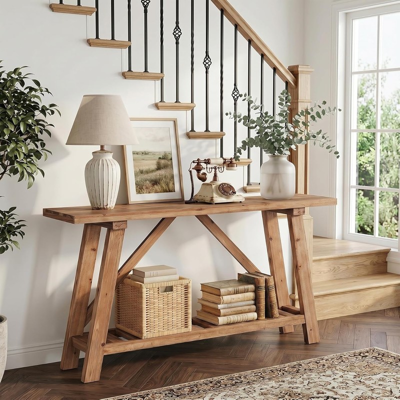 Solid Wood Console Table, 63" Long Narrow Entryway Sofa Table with Storage Shelf gallery