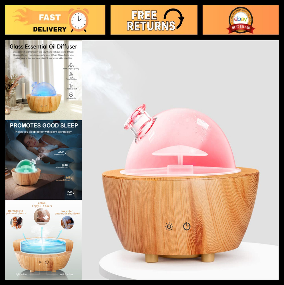 Aromatherapy Essential Oil Diffuser - 280ml Cool Mist Humidifier, 7-Color LED Li