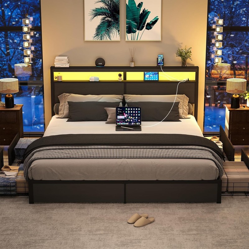 King Size LED Bed Frame with Storage Headboard and 4 Drawers Charging Station gallery