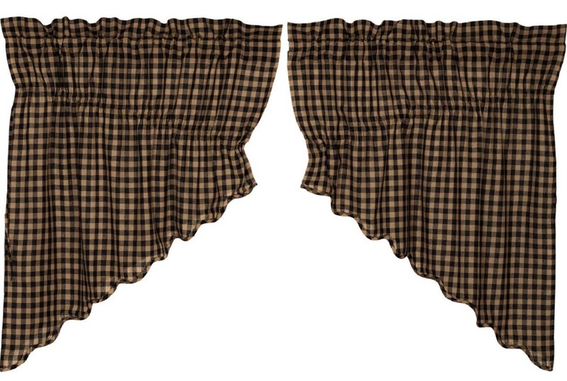 Black & Dark Tan Check Drawstring Prairie Swag Set w/ White Cotton Lining 72" W gallery