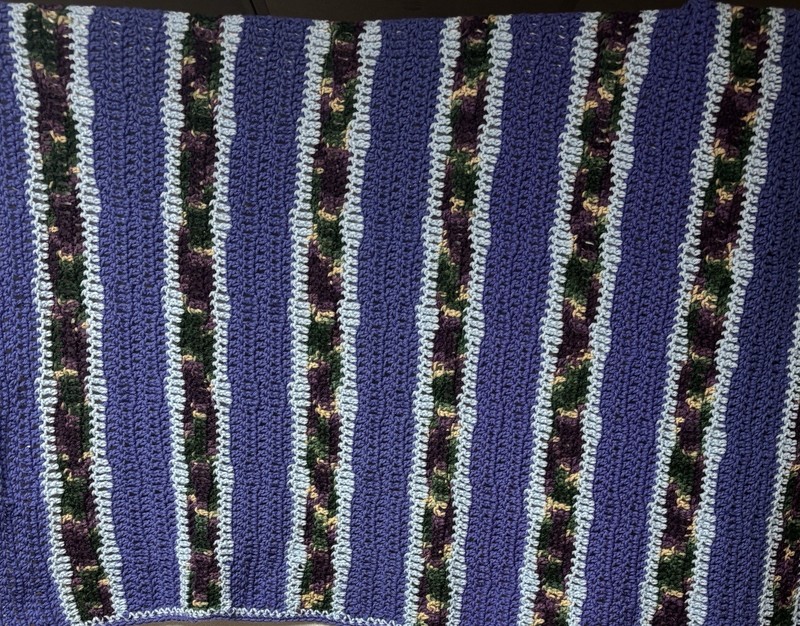 Handmade Crocheted Afghan Throw Lap Blanket Purple & Multi Stripe 48” x 41” NEW gallery