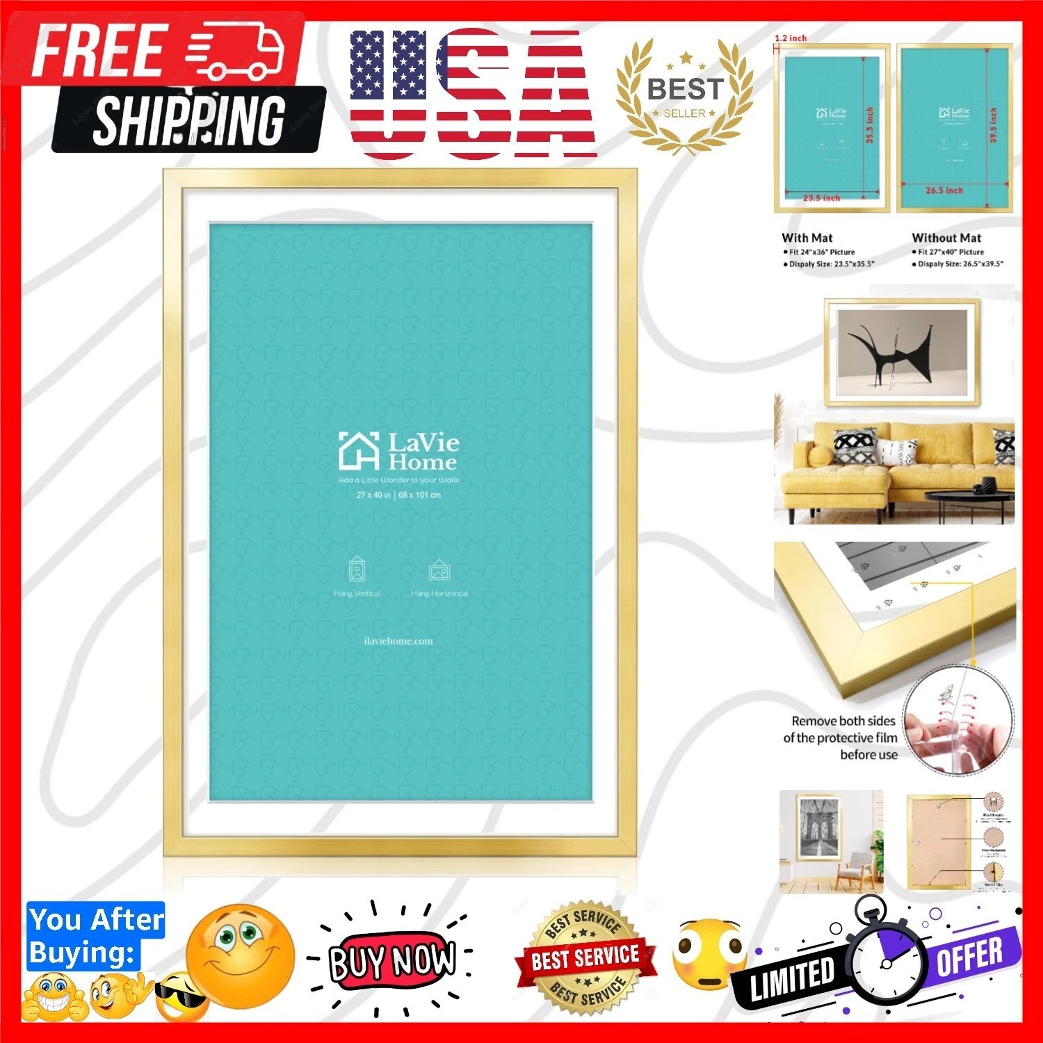 27x40 Picture Frame Gold Poster Frame,Display Pictures 24x36 with Mat or 27x4... gallery