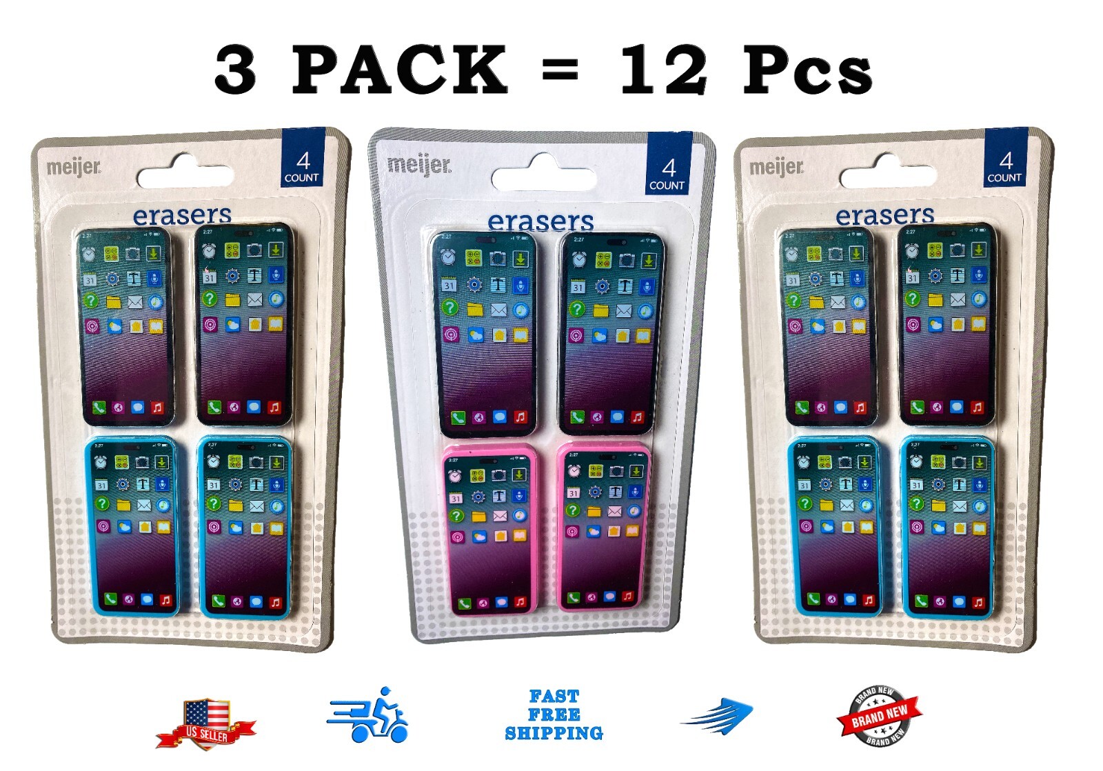 3 PACK Meijer Smartphone Mobile Phone Erasers 4 Pcs TOTAL 12 Erasers BLK BLU PNK gallery