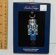 Shiny Silver Plated Blue Nutcracker christmas tree Ornament w Crystals holiday