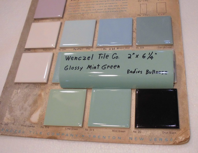 1 pc. Mint Green: Glossy Ceramic Radius Bullnose Tile: Wenczel Co. 2" X 6-1/4" gallery