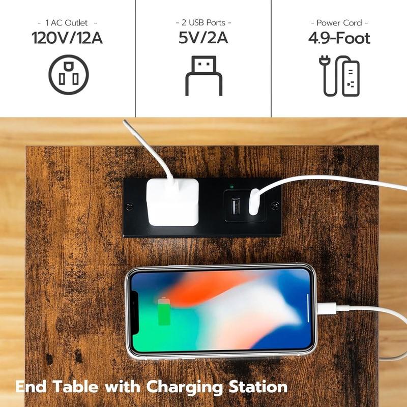 HOOBRO Side/End Table with Charging Station, USB Ports and Rustic Brown+black gallery